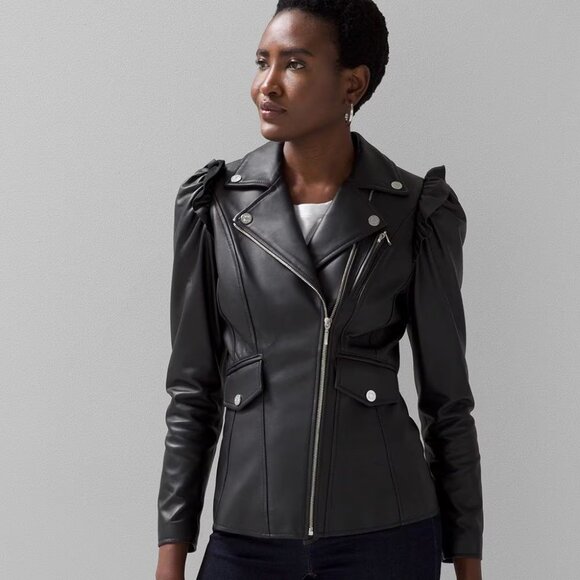 WHBM $500 Genuine Leather Motorcycle Moto Jacket Ruffled Shoulders M - Picture 2 of 12